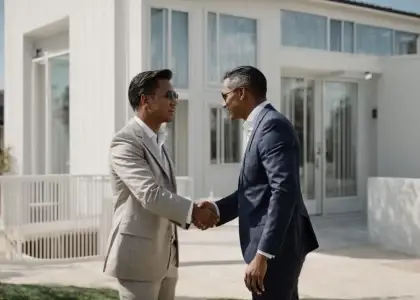 a confident investor shakes hands with a real estate agent in front of a new property under a clear blue sky.