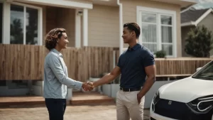 a person shaking hands with a real estate agent in front of a newly sold property.